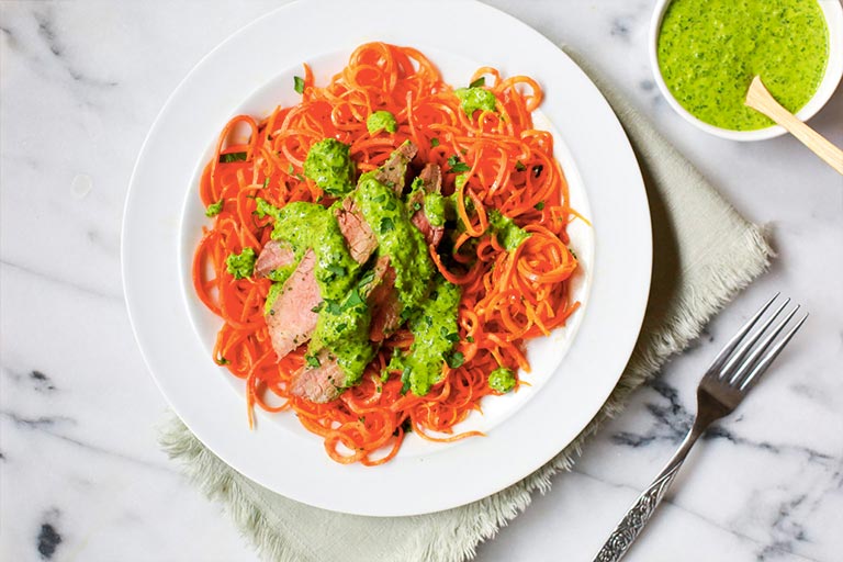 Sheet Pan Flank Steak With Sweet Potato Noodles And Creamy Chimichurri Sauce