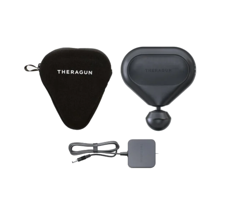Theragun Mini model by Therabody with charging cord and carrying case.