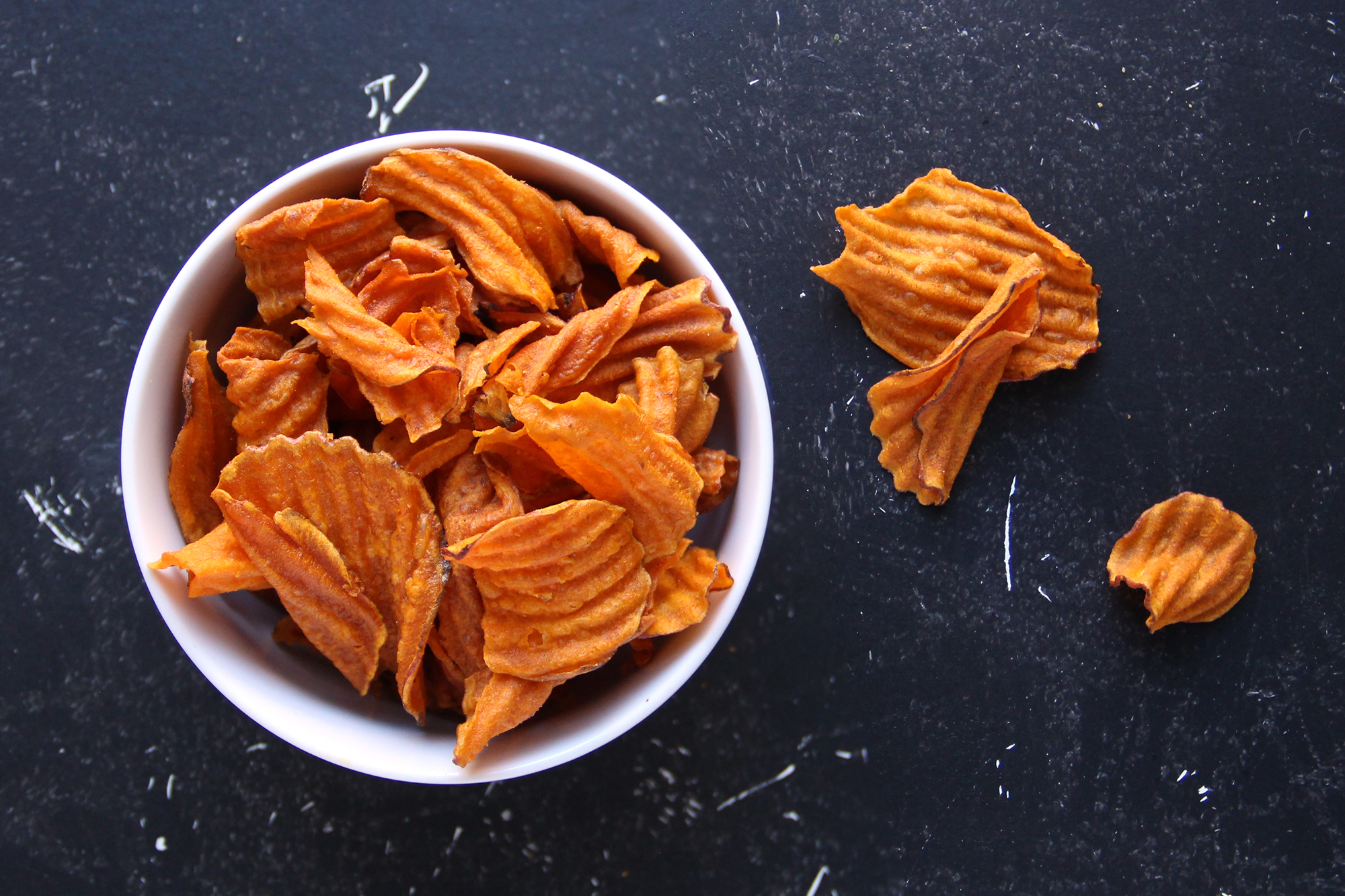 Bowl of sweet potato chips.