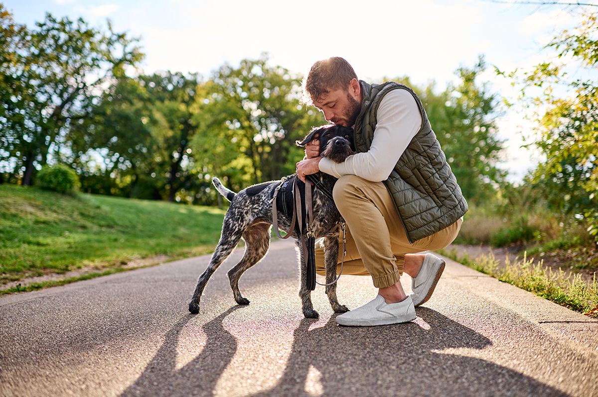 A man crouching down to embrace his dog on a walking path, emphasizing the emotional and social advantages of walking with pets.