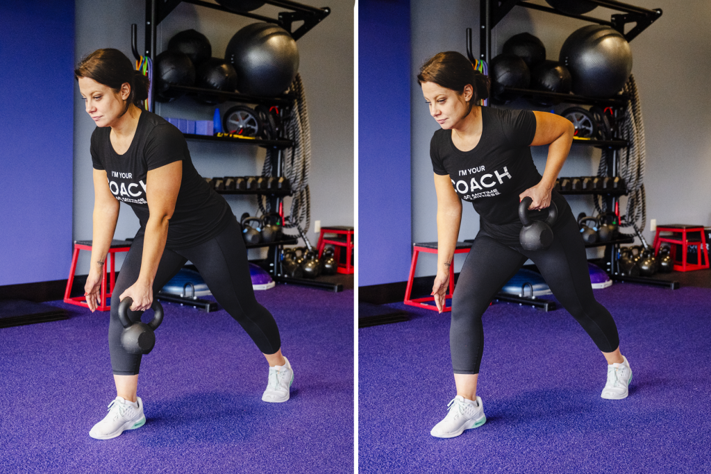 Coach Heather demonstrating a single arm bent over row with a kettlebell.