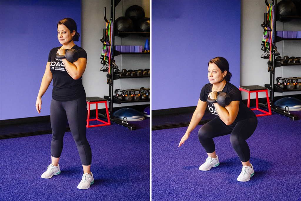 Coach Heather demonstrating a single-arm racked squat with a kettlebell.
