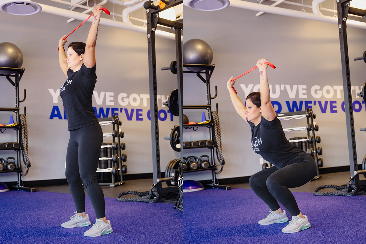 Side by side photos of a woman in a gym setting performing a lunge while holding a red resistance band overhead.