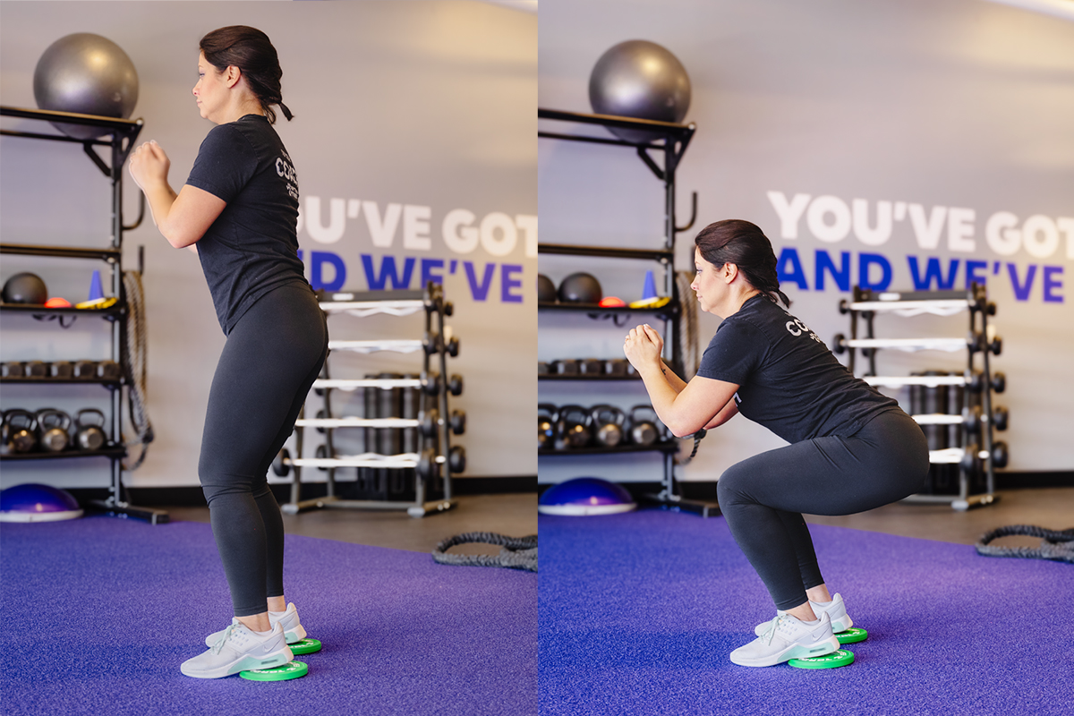 Side by side photos of a woman in a gym setting performing a lunge with green weight plates under her heels.