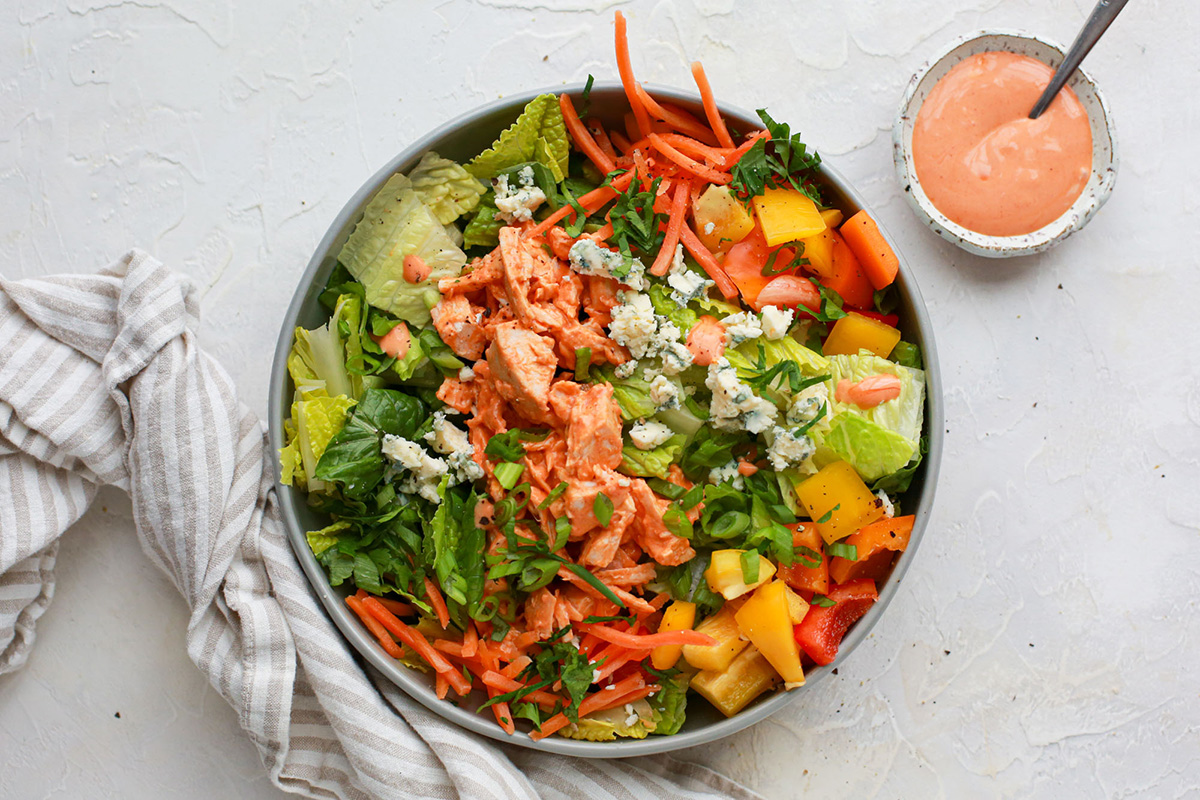 One serving of the creamy buffalo chicken salad bowl.