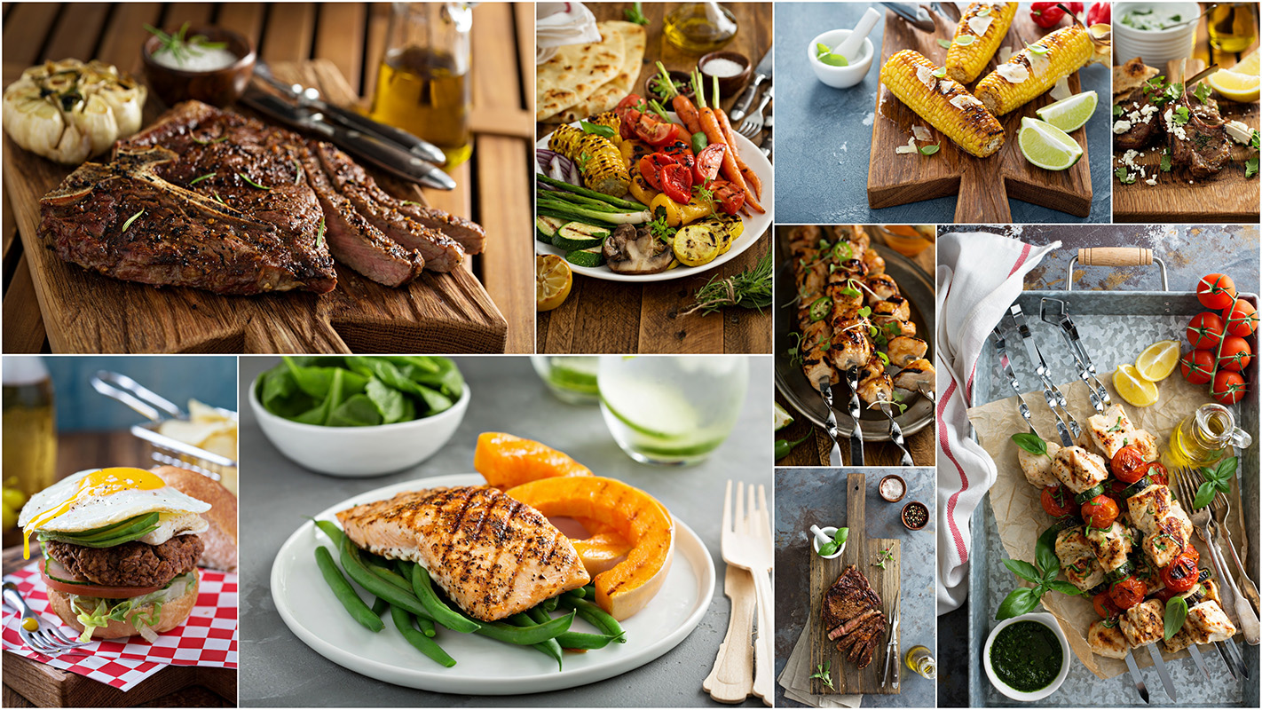 Collage of various healthy grilled foods including proteins like steak, chicken skewers, and salmon with grilled vegetables.