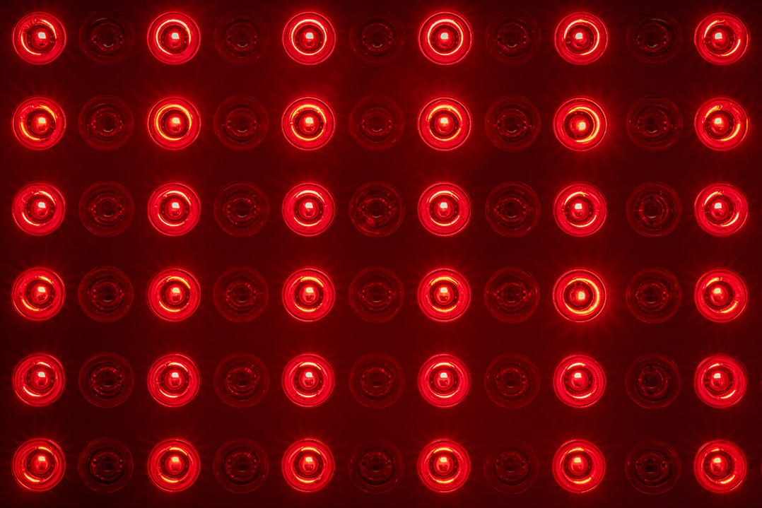 Up-close detail of a red light therapy panel for skin health, pain relief, recovery, and inflammation reduction.