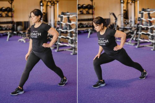 Coach standing in a lunge position, then lunging forward on one leg.
